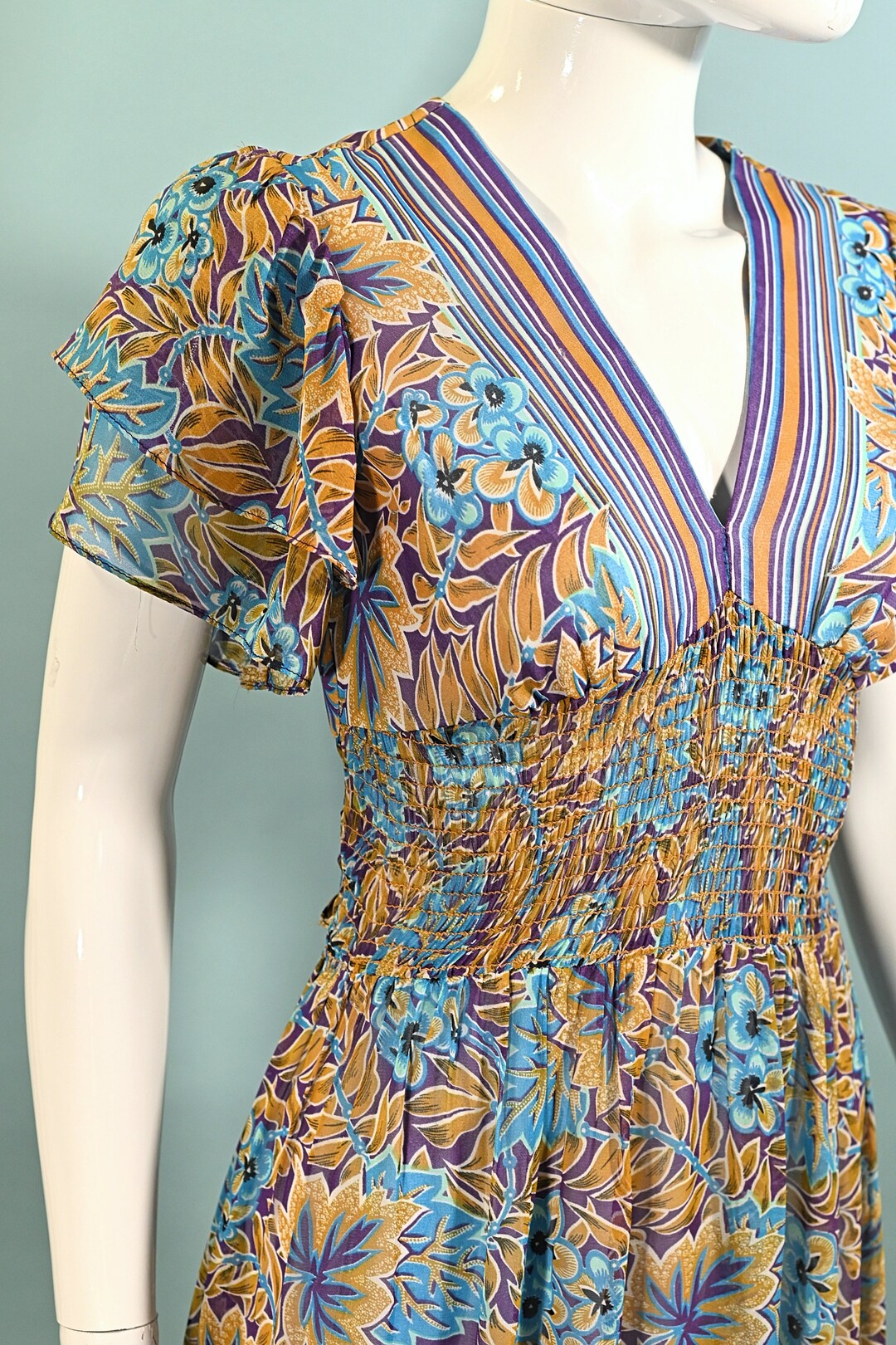 Vintage 60s/70s Flutter Sleeve Maxi Dress, XS Etsy