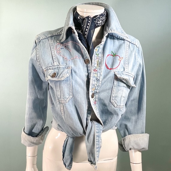 70s Sears Fashions Hand Embroidered Denim Shirt, OOAK Hippie