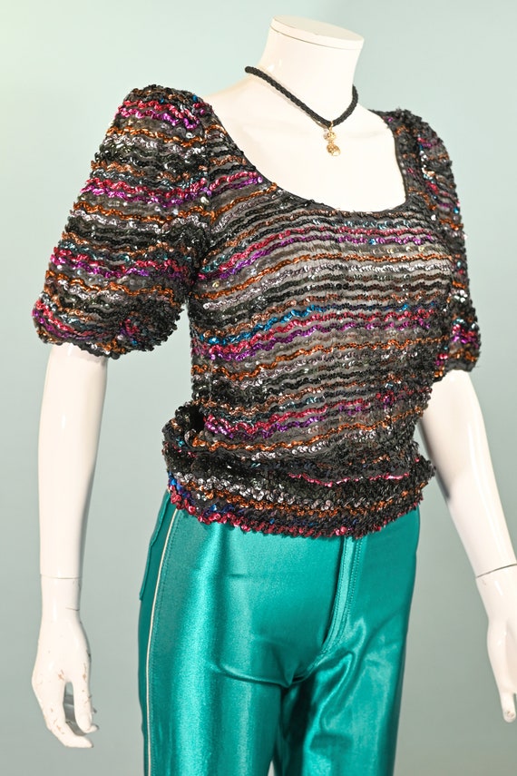 Vintage 70s Sparkle Sequin Disco Top, Puff Sleeve… - image 7