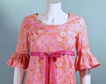 Vintage 60s Mod Pink Ruffled Sleeve Mini Dress, Junior Teen/Girls Empire Waist