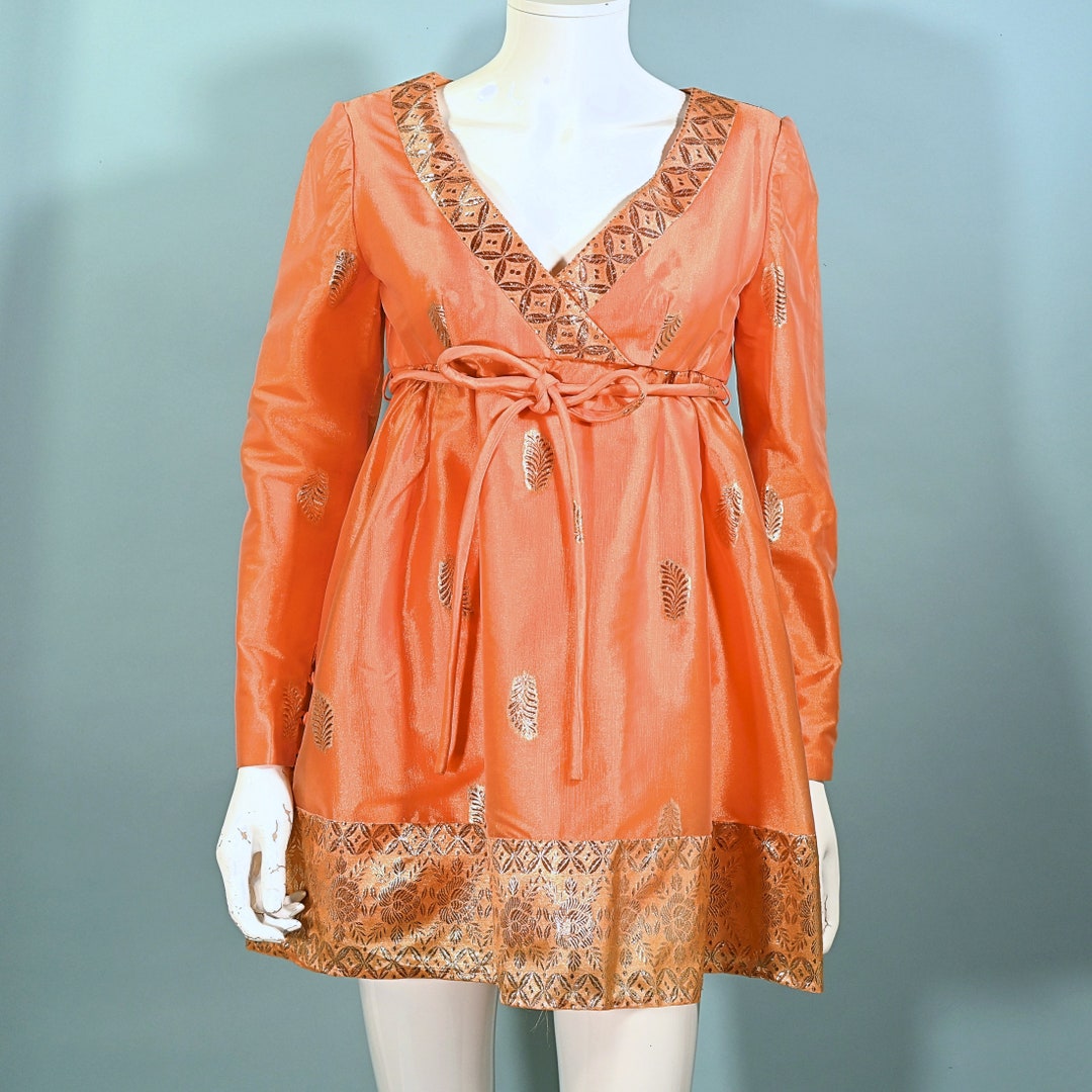 Vintage 60s Bohemian Micro Mini Dress, Orange/gold Sparkle Party Dress