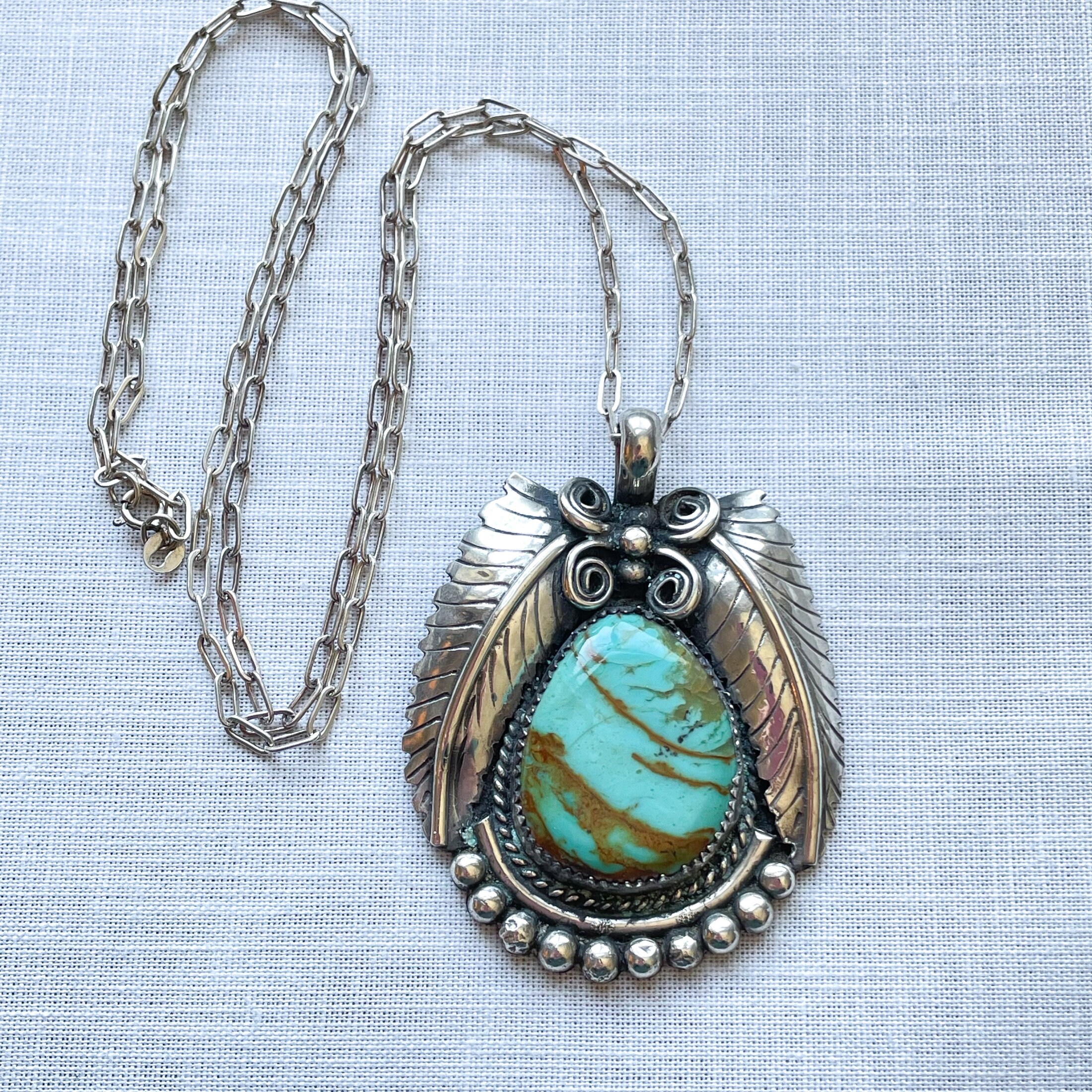 Collier vintage en argent sterling avec plumes turquoises sud-ouest (N022) - France