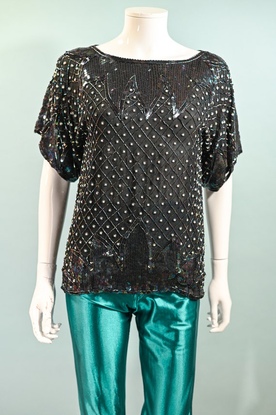 70s Black Silk Beaded/Sequin Top, Relaxed Fit Par… - image 3