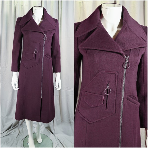 SALE Vintage 60s Mod Overcoat, Zippers Pockets Midi Plum Color Coat, Junior Sizing XS/S