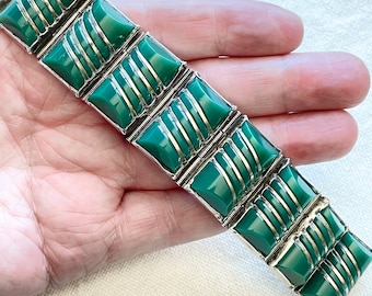 Pulsera vintage Del Rio de plata esterlina con ónix verde, plata mexicana, 76,9 gramos.
