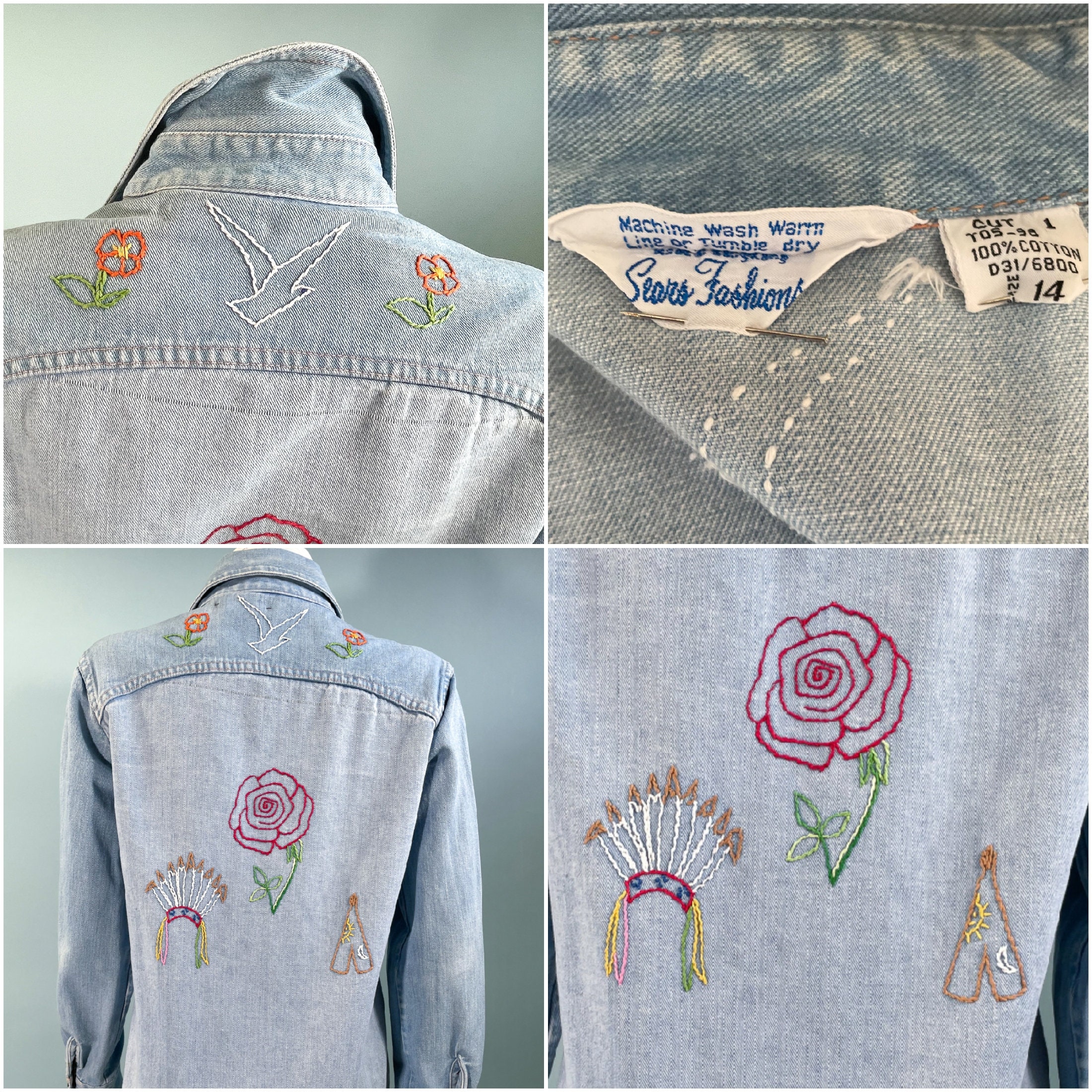 70s Sears Fashions Hand Embroidered Denim Shirt, OOAK Hippie
