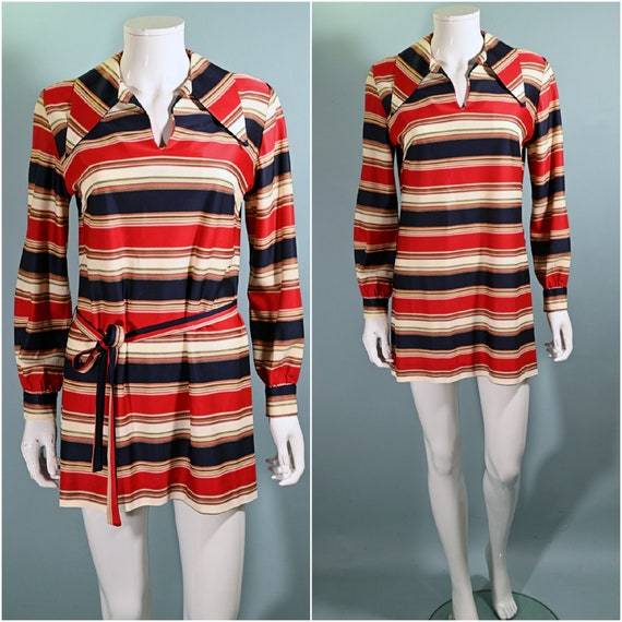 Vintage 60s Micro Mini Shift Dress w/Belt, Stripe… - image 1