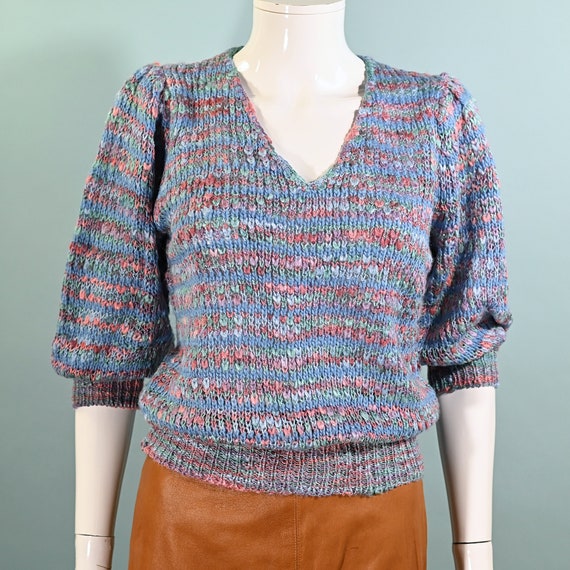 Vintage 70s Blue Variegated Knit Pullover Sweater… - image 1
