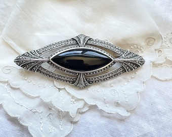 Broche vintage grande de ónix y marcasita en plata de ley, estilo art déco, 38,5 g