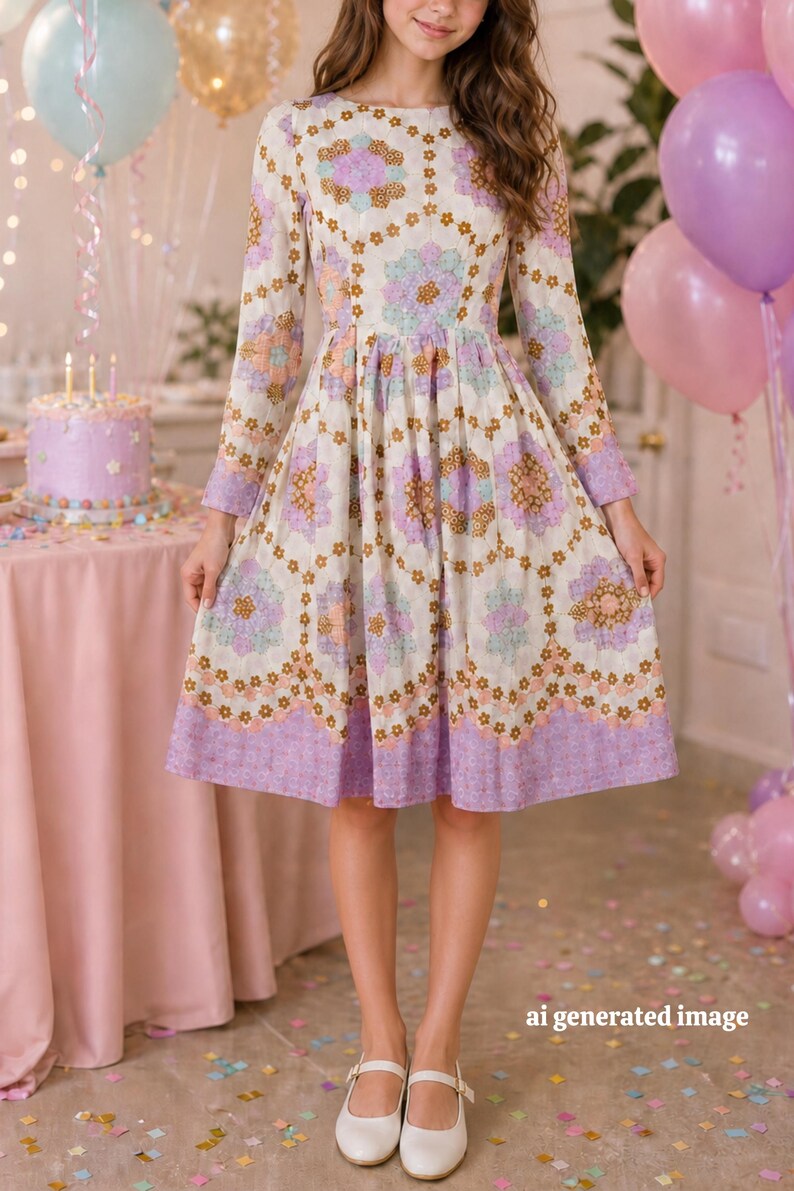 May include: A long-sleeved dress featuring a cream base with a repeating floral and geometric pattern in shades of lavender, light blue, and brown. The dress has a round neckline, a fitted bodice, and a pleated skirt that falls to the knees.
