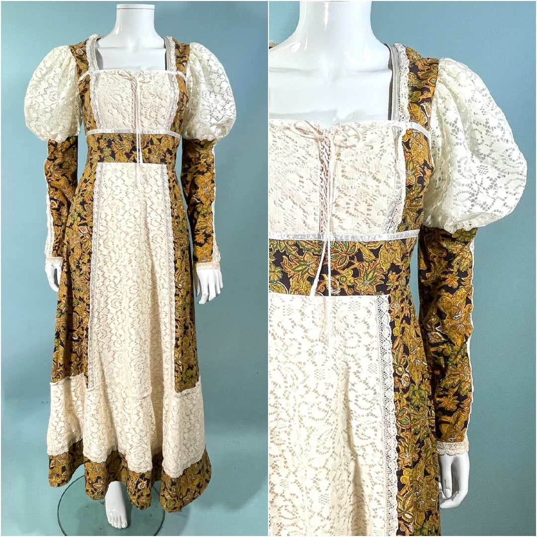 Vintage Gunne Sax Corset Lace up Dress, Full Lace Sleeves Paisley Print ...