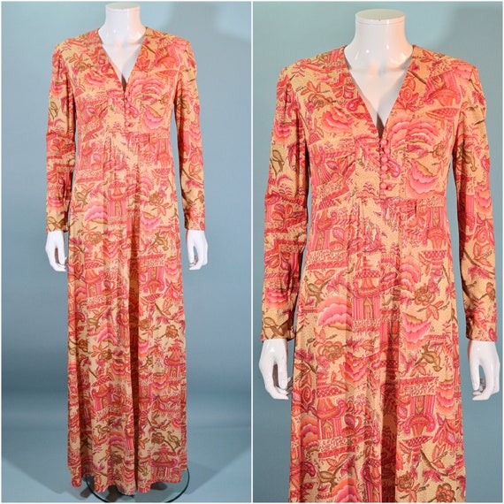 Vintage 70s Maxi Dress, Birds Flowers & Pagodas P… - image 1