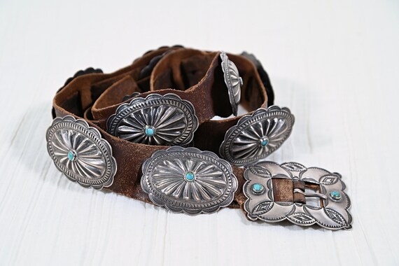 1930s Navajo Concho Belt, Hand Stamped Silver Tur… - image 1