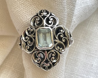 Vintage Sterling Silver Blue Topaz Filigree Ring, Thailand SZ 6.5