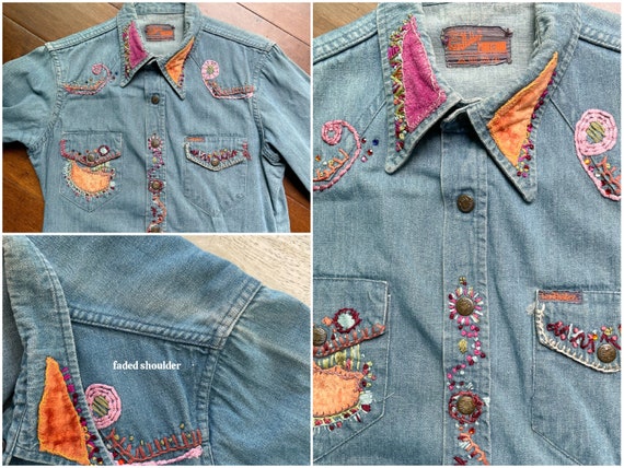 OOAK 60s/70s Landlubber Embroidered Denim Shirt, … - image 9