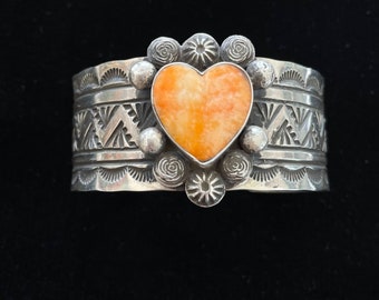 Damian Cotton Navajo Bracelet, Spiny Oyster Sterling Stamped Bracelet