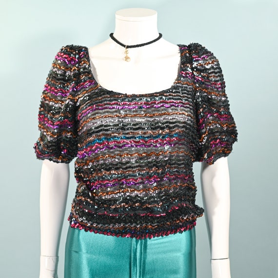 Vintage 70s Sparkle Sequin Disco Top, Puff Sleeve… - image 1