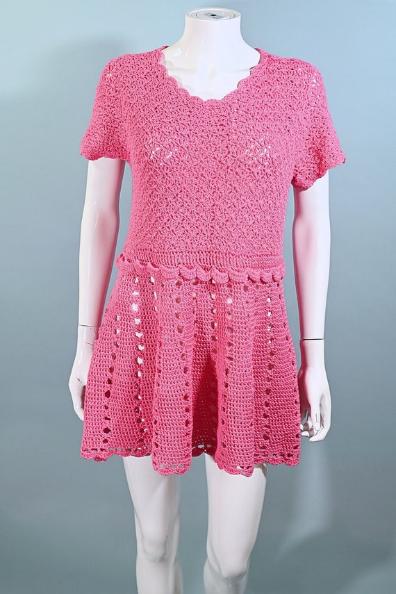 Vintage Hot Pink Crochet Mini Dress, Mod Knit Dres