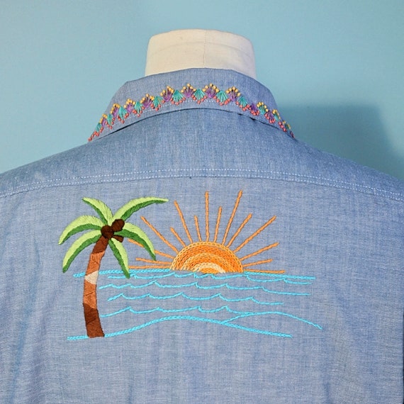 Vintage 70s Hand Embroidered Hippie Shirt, Sunris… - image 1