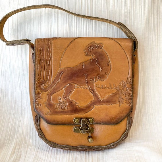 Vintage Hand Tooled Leather Shoulder Bag, Wild Ca… - image 3