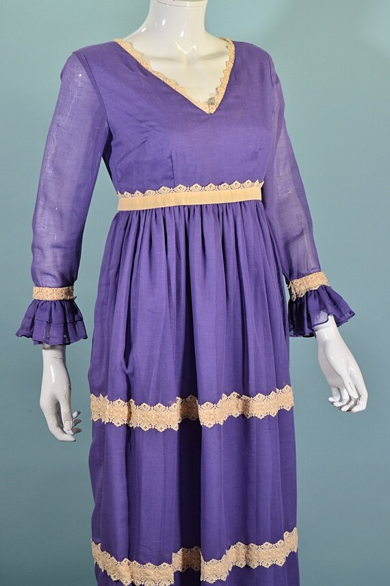 Vintage 60s/70s Purple Maxi Dress Ruffle & Lace D… - image 5