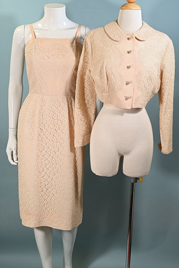 Vintage 50s Blush Pink Lace Dress + Jacket, Peter 