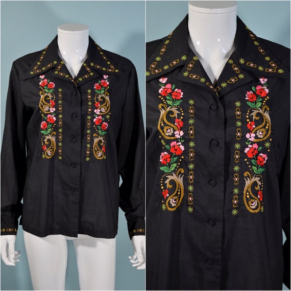 Vintage 60s Black Ethnic Hand Embroidered Blouse,… - image 3