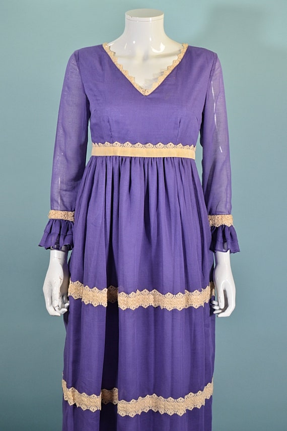 Vintage 60s/70s Purple Maxi Dress Ruffle & Lace D… - image 3