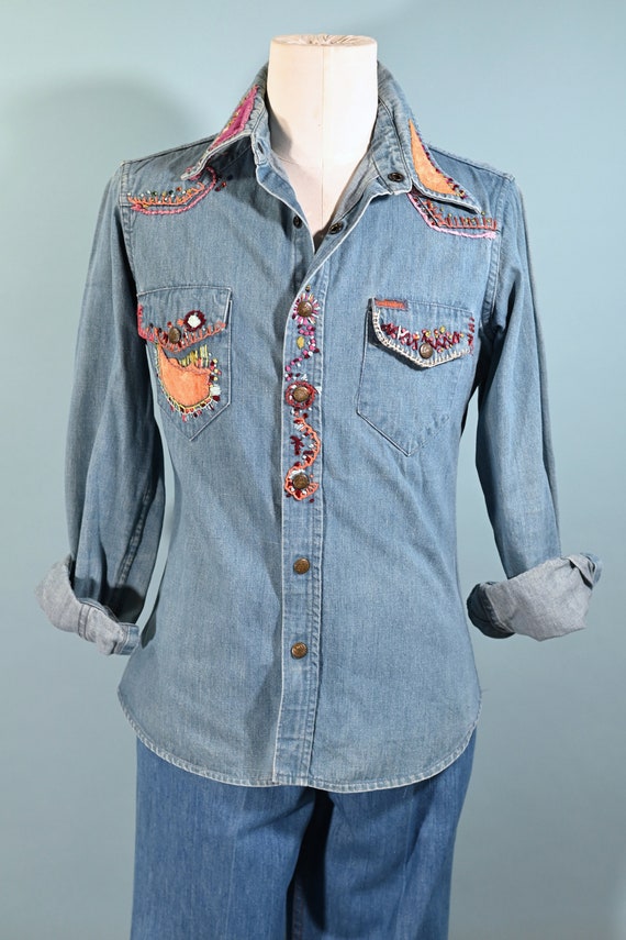 OOAK 60s/70s Landlubber Embroidered Denim Shirt, … - image 2