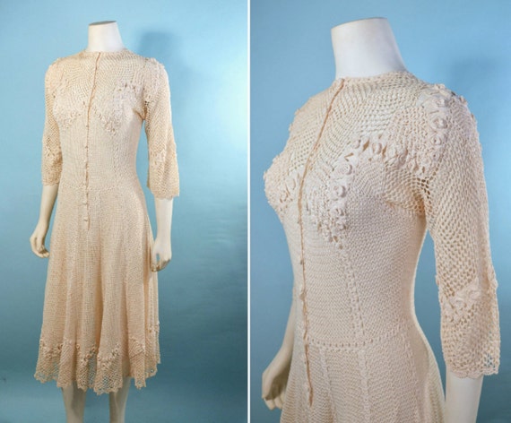Vintage 1930s Cream Crochet Dress, Cottagecore Wed