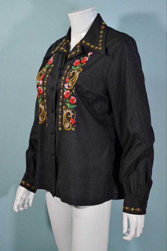 Vintage 60s Black Ethnic Hand Embroidered Blouse,… - image 5