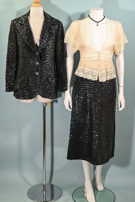 Vintage 60s Black Sequin Jacket/Skirt 2 Piece Suit