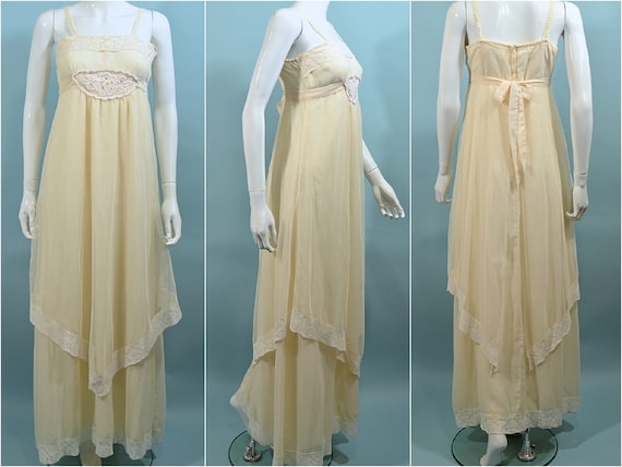 Vintage 60s Cream Sheer Lace Maxi Dress, 20s Styl… - image 1