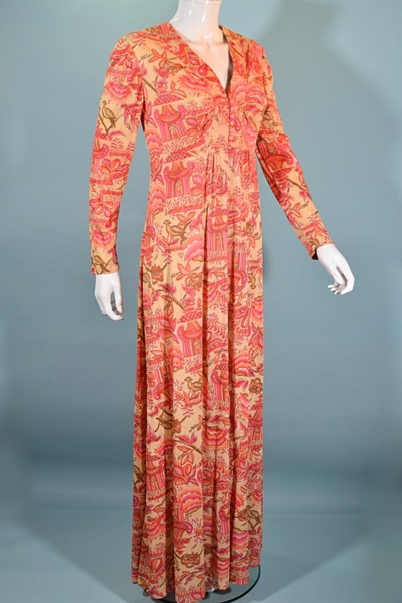 Vintage 70s Maxi Dress, Birds Flowers & Pagodas P… - image 7