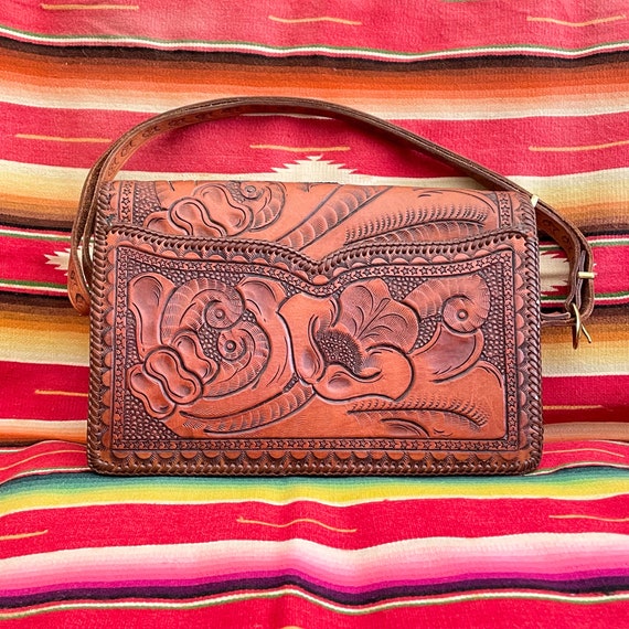 Vintage Heavily Tooled Leather Handbag, Southwest… - image 5