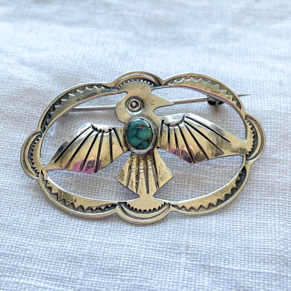 Vintage Sterling Silver Turquoise Thunderbird Bro… - image 5