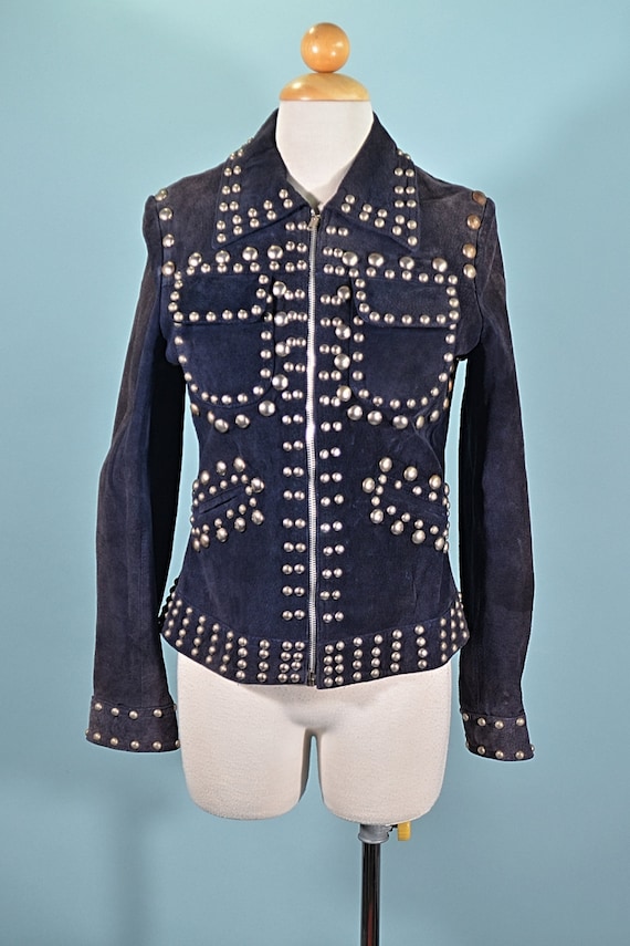Vintage 70s Studded Navy Suede Jacket Wolf Brother