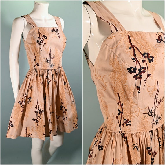 Vintage 50s Asian Print Dress, Full Skirt 26" Wai… - image 3