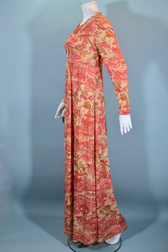 Vintage 70s Maxi Dress, Birds Flowers & Pagodas P… - image 8