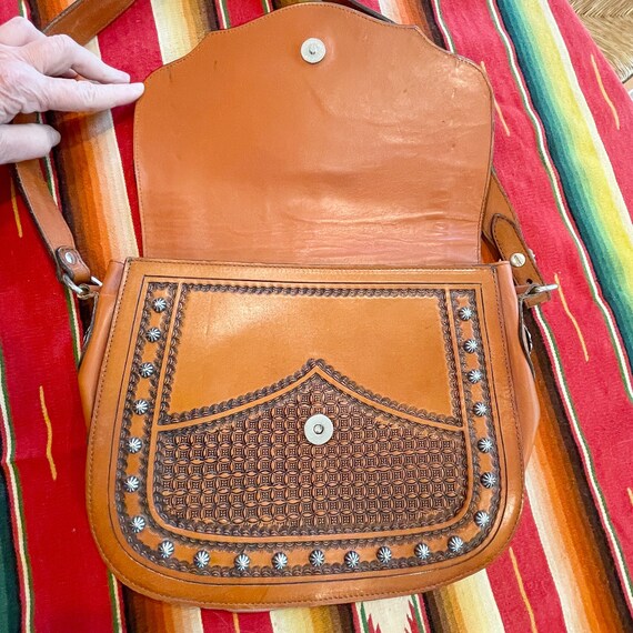 Vintage Tooled Leather Cowhide Shoulder Bag, Meta… - image 5