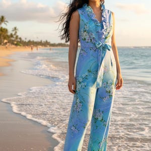 May include: A sleeveless jumpsuit in shades of blue with a floral pattern. The jumpsuit features a ruffled neckline, a tie at the waist, and wide-leg pants. The model is standing on a sandy beach with the ocean in the background.