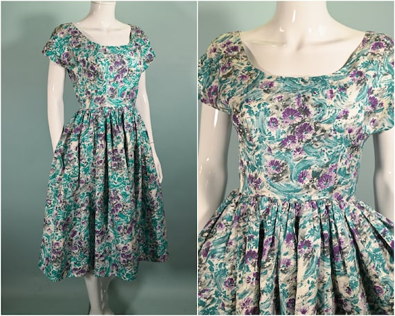 Vintage 50s Abstract Floral Print Dress, Mid Cent… - image 2