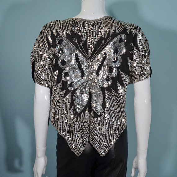 Vintage 70s Sequin Butterfly Top, Silver Boho Dis… - image 7