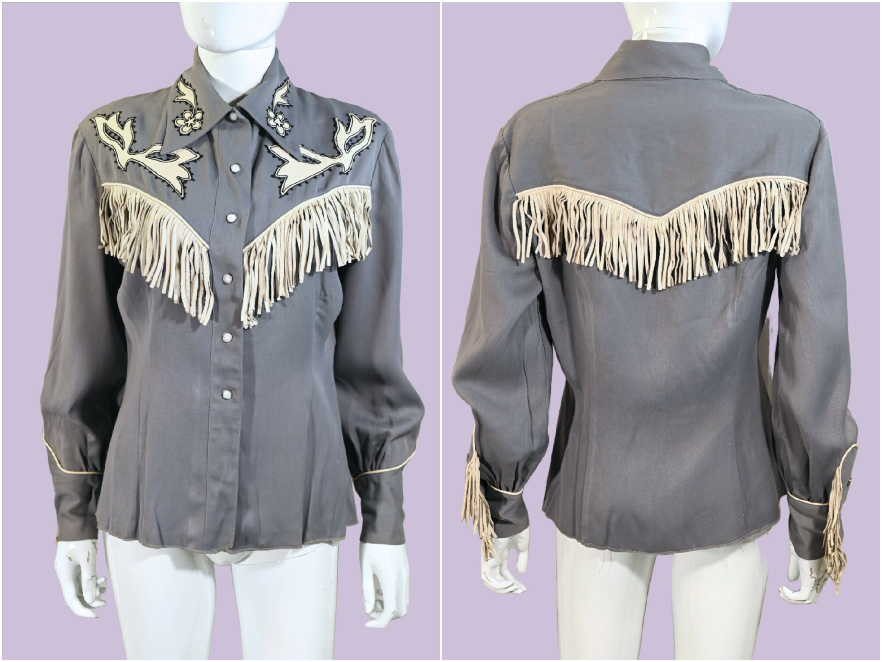 Vintage 40s Gray Wool & Leather Fringe Western Shirt