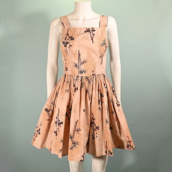 Vintage 50s Asian Print Dress, Full Skirt 26" Wai… - image 2