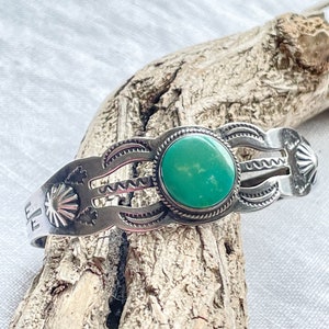 Vintage Fred Harvey Era Silver Turquoise Bracelet, Stamped Arrows, Youth or Small Wrist, 14.1 Grams