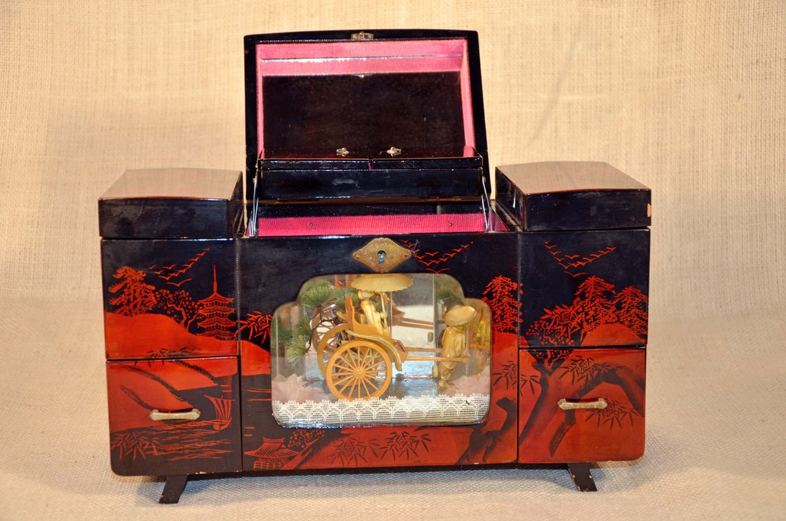 Vintage 40s 50s Japanese Asian Lacquer Rickshaw Jewelry Box Etsy