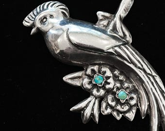 Vintage 40s Silver Large Quetzal Bird Brooch, Mexican Silver Pin + Green Stones 27.7 Grams