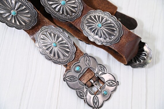 1930s Navajo Concho Belt, Hand Stamped Silver Tur… - image 7