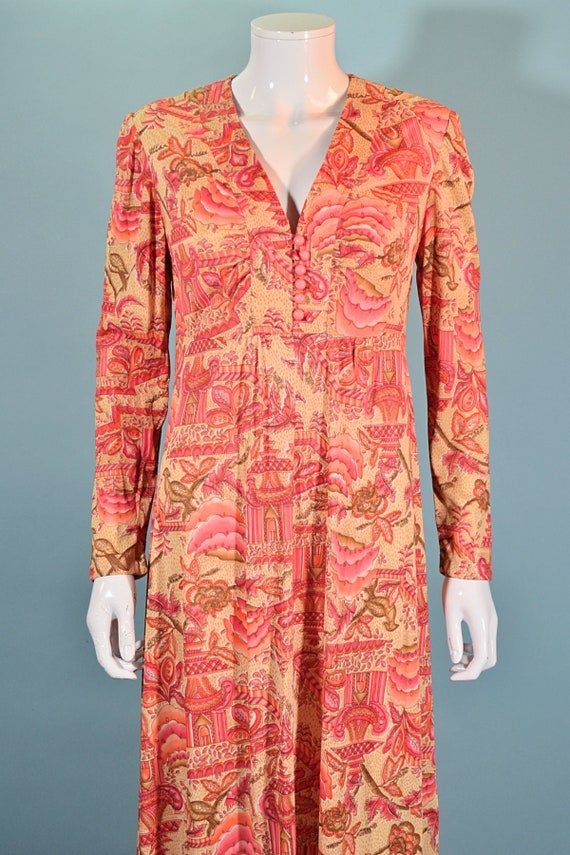 Vintage 70s Maxi Dress, Birds Flowers & Pagodas P… - image 5